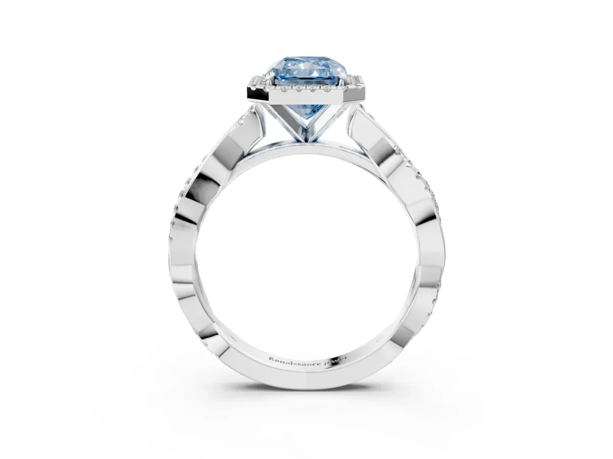 Fancy Blue Radiant Cut Cut Halo Twisted Band Four-Prong Ring Platinum