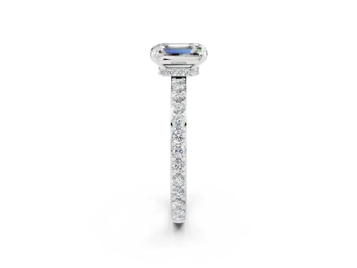 Emerald Cut Moissanite Solitaire Engagement Ring with Pavé Band and Four-Prong Setting Silver