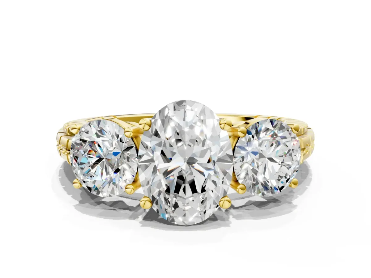 Three-Stone Oval Cut Cut Diamond Ring with Channel-Set Band and Prong Setting Yellow gold