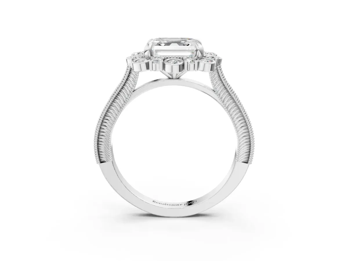 Asscher Cut Halo Milgrain Pave Diamond Ring with Four-Prong Setting Platinum