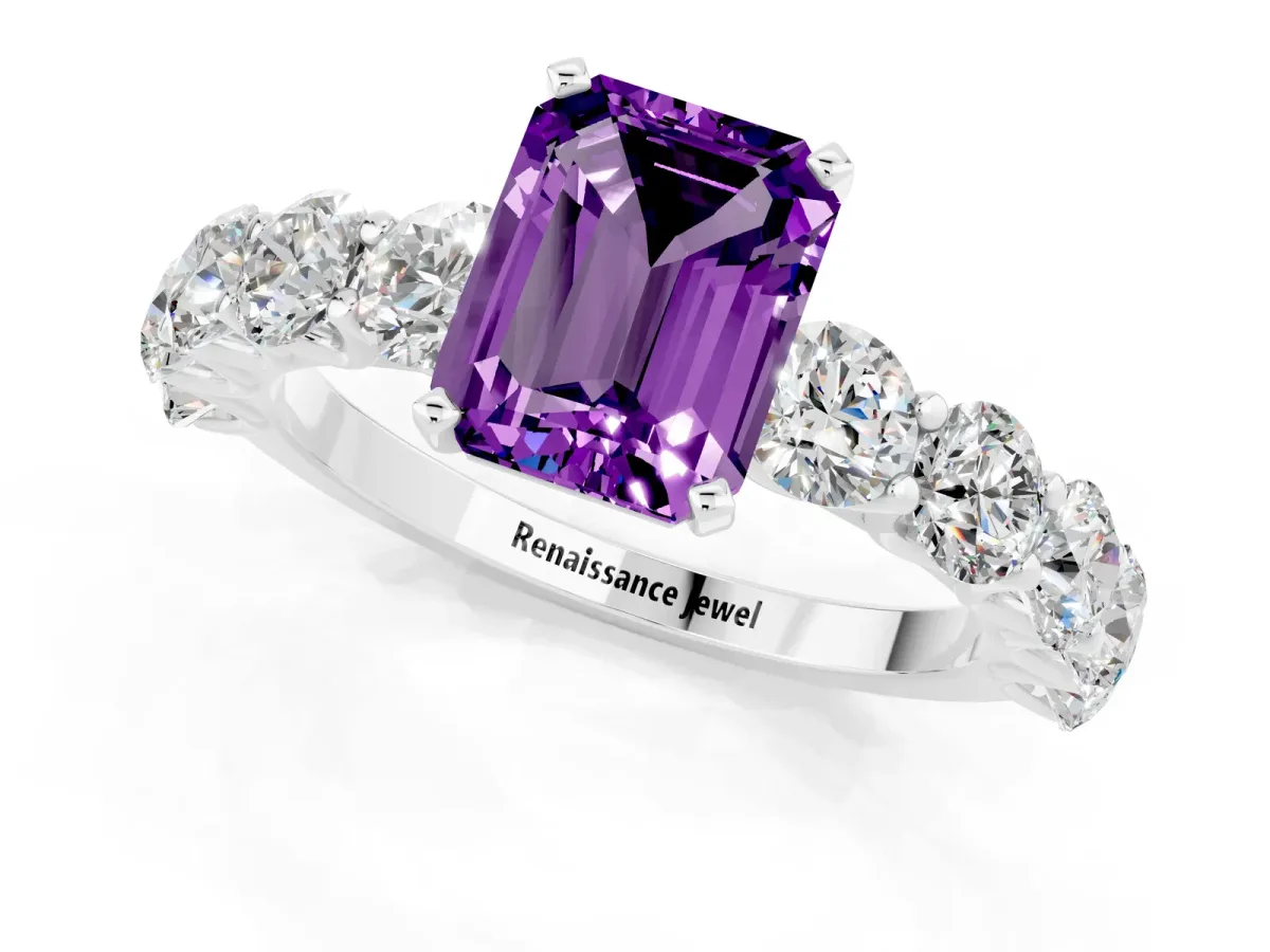 Emerald Cut Amethyst Prong Setting with Side Stones on a Pave Band Platinum