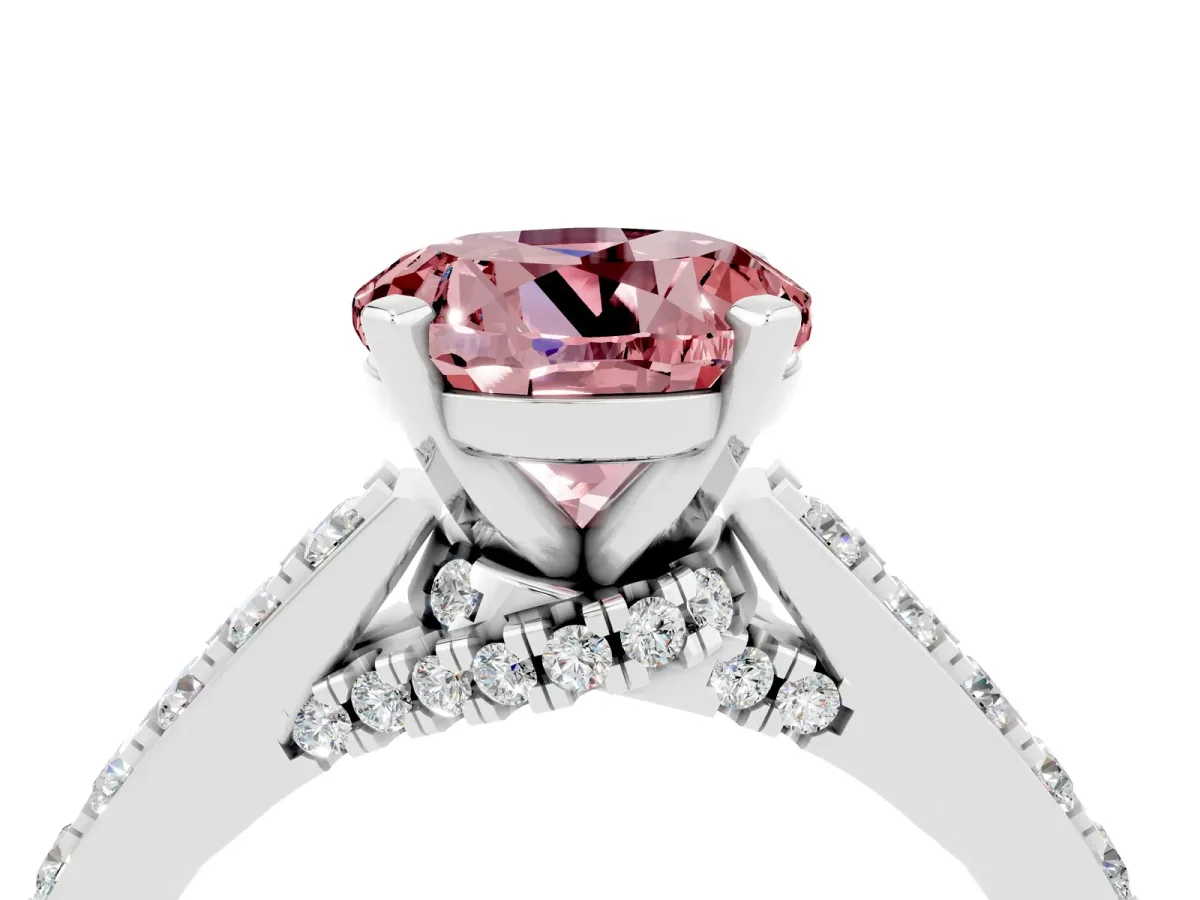 Round Cut Morganite Solitaire Ring with Crossover Gallery and Round Pavé Band Silver