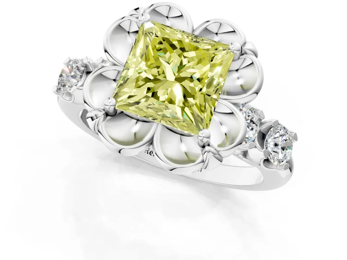 Fancy Yellow Princess Cut Cut Diamond Floral Halo Engagement Ring with Shared Prong Setting Silver