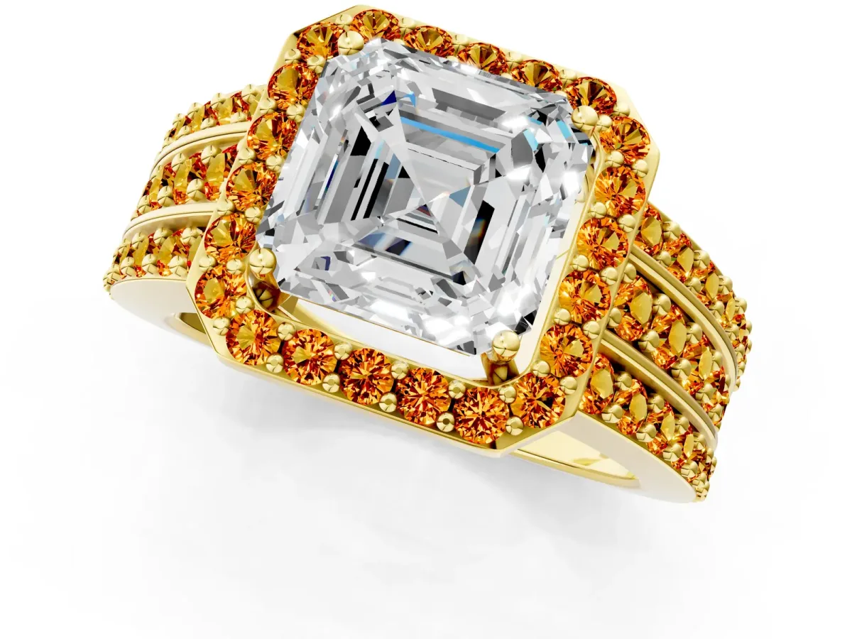 Asscher Cut Halo Diamond Ring with Round Citrine Split Shank and Prong Setting Yellow gold