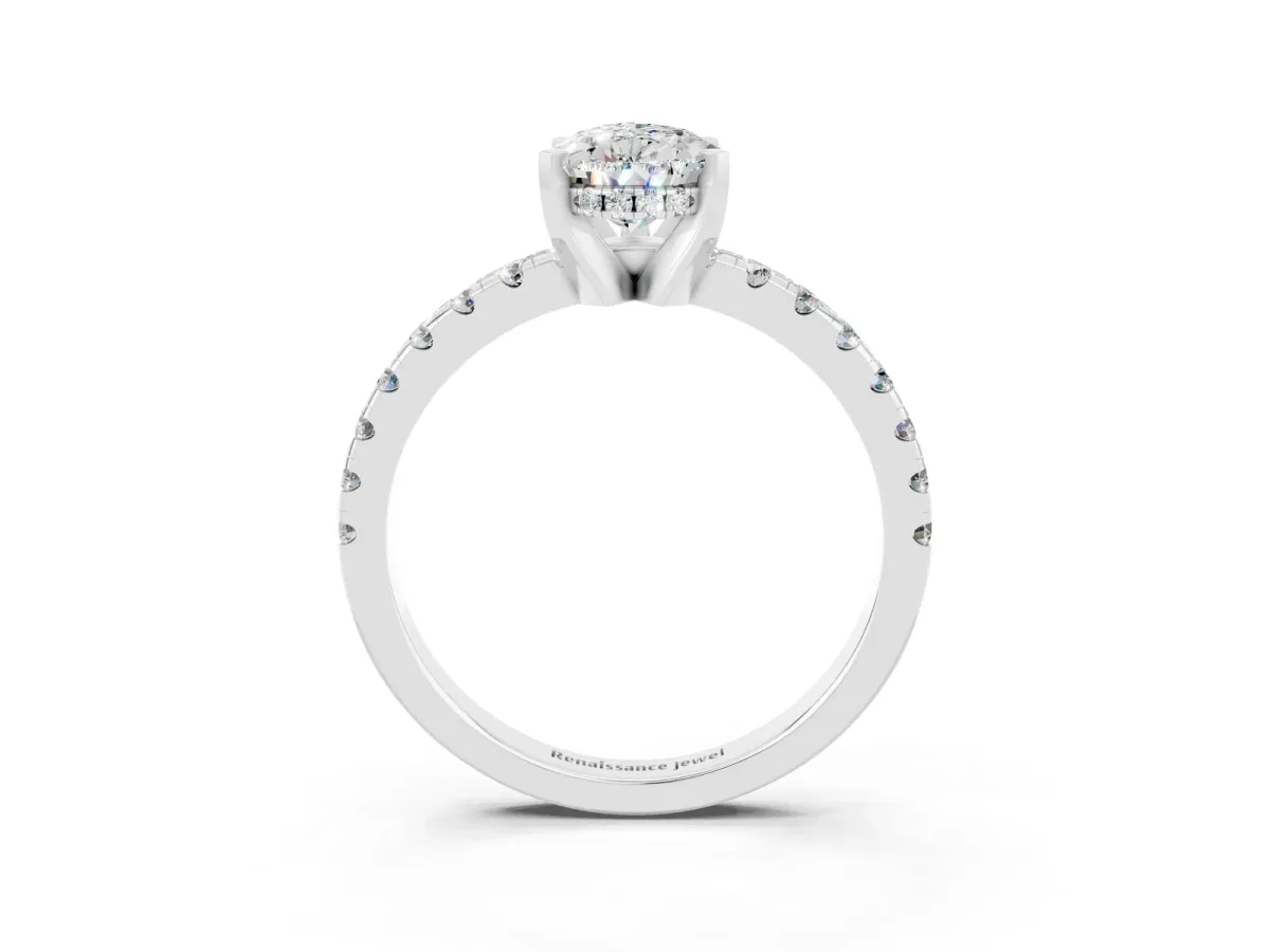 Pear Cut Moissanite Solitaire Ring with Round Pavé Band and Four-Prong Setting Silver