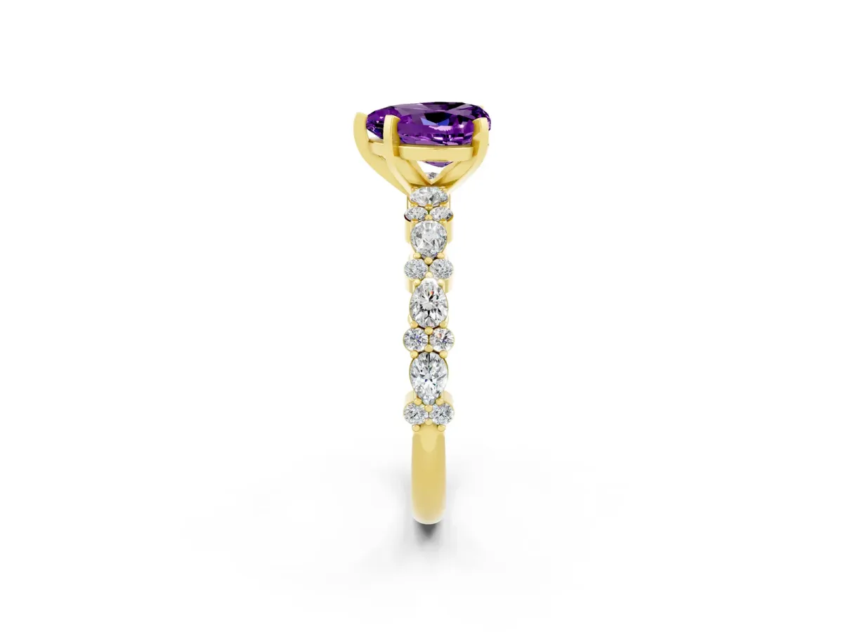 Heart Cut Amethyst Side Stone Solitaire Ring with Round and Four-Prong Setting Yellow gold