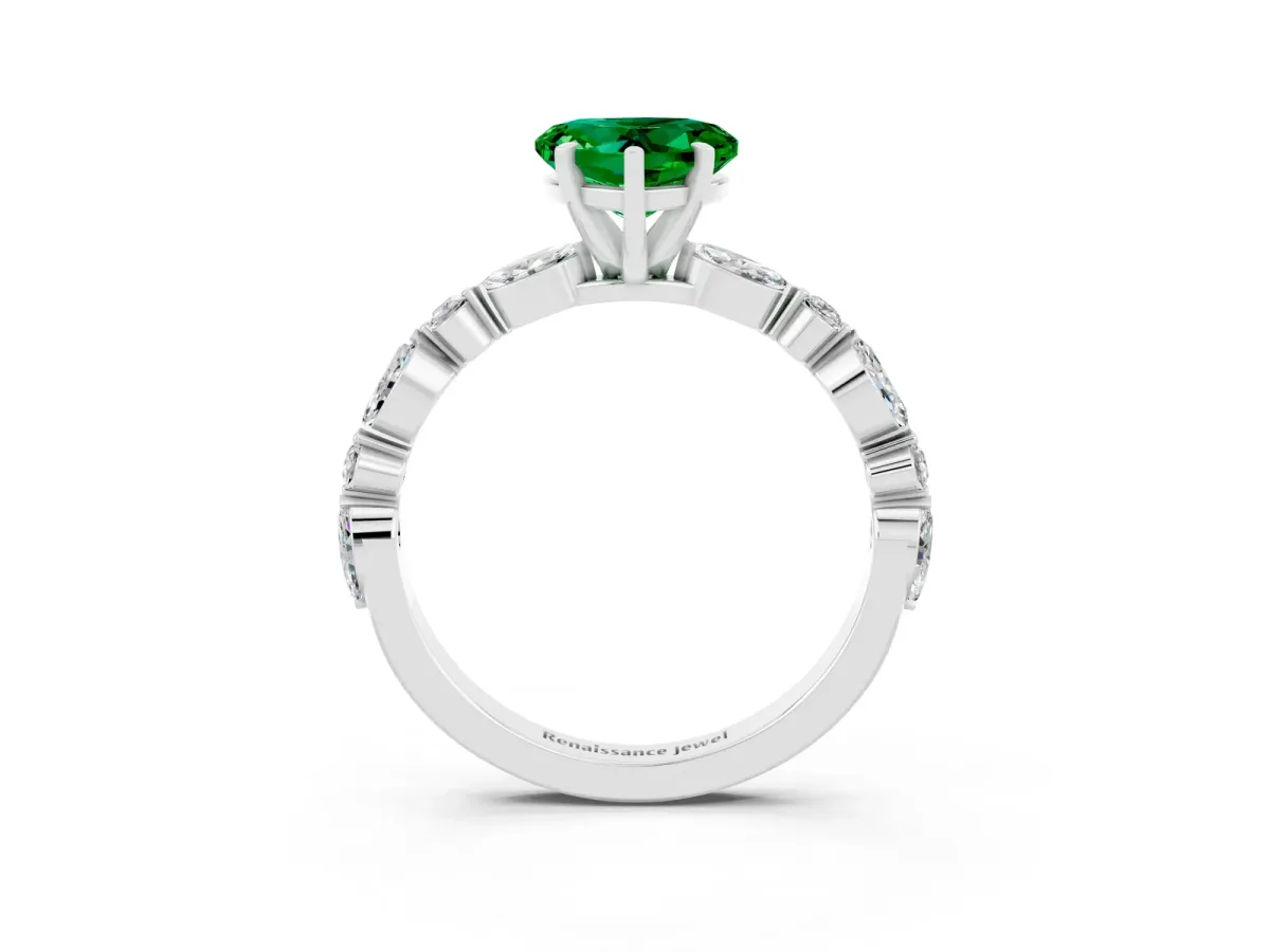 Heart Cut Emerald Ring with Marquise and Round Side Stones and Four-Prong Setting Silver