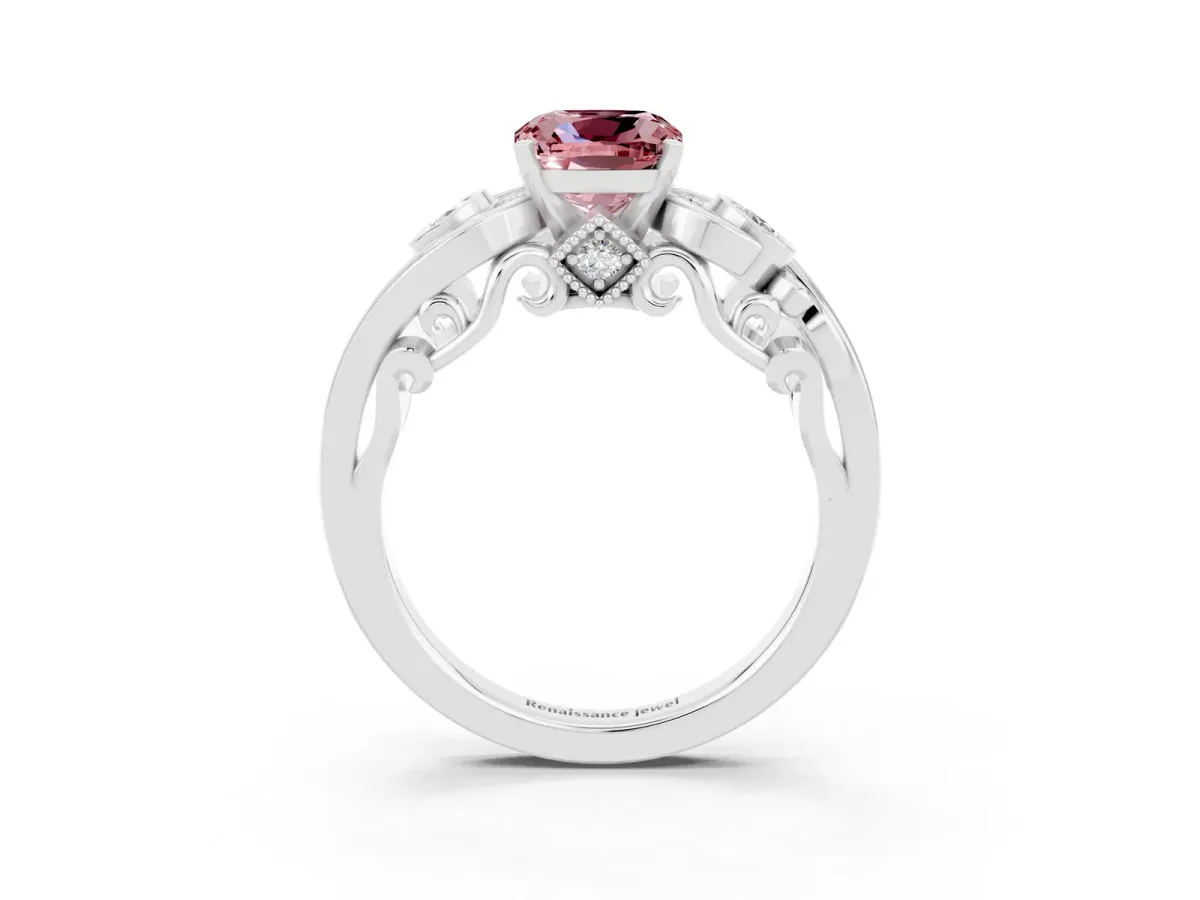 Cushion Cut Morganite Solitaire Ring with Milgrain Pavé Band and Four-Prong Setting Silver