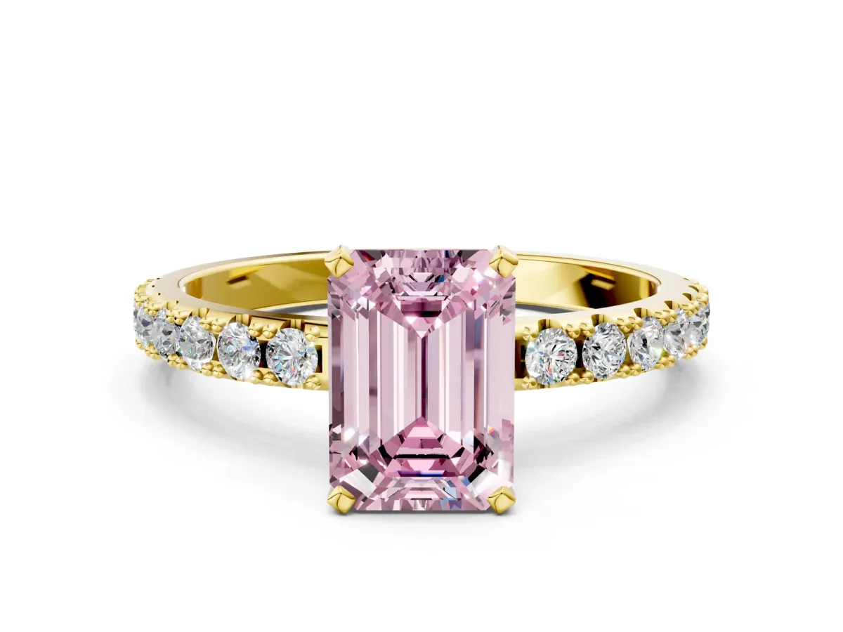 Fancy Pink Emerald Cut Diamond Solitaire Pavé Band with Four-Prong Setting Yellow gold