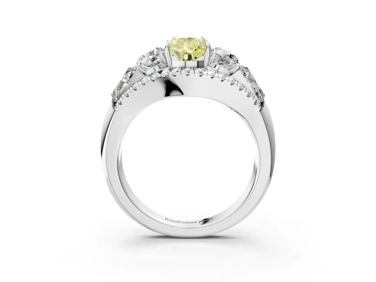 Fancy Yellow Three-Stone Pear Cut Diamond Engagement Ring with Pave Band and Prong Setting Platinum