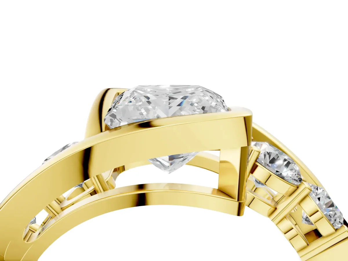 Bezel Set Princess Cut Diamond Bypass Ring with Round Accents Yellow gold