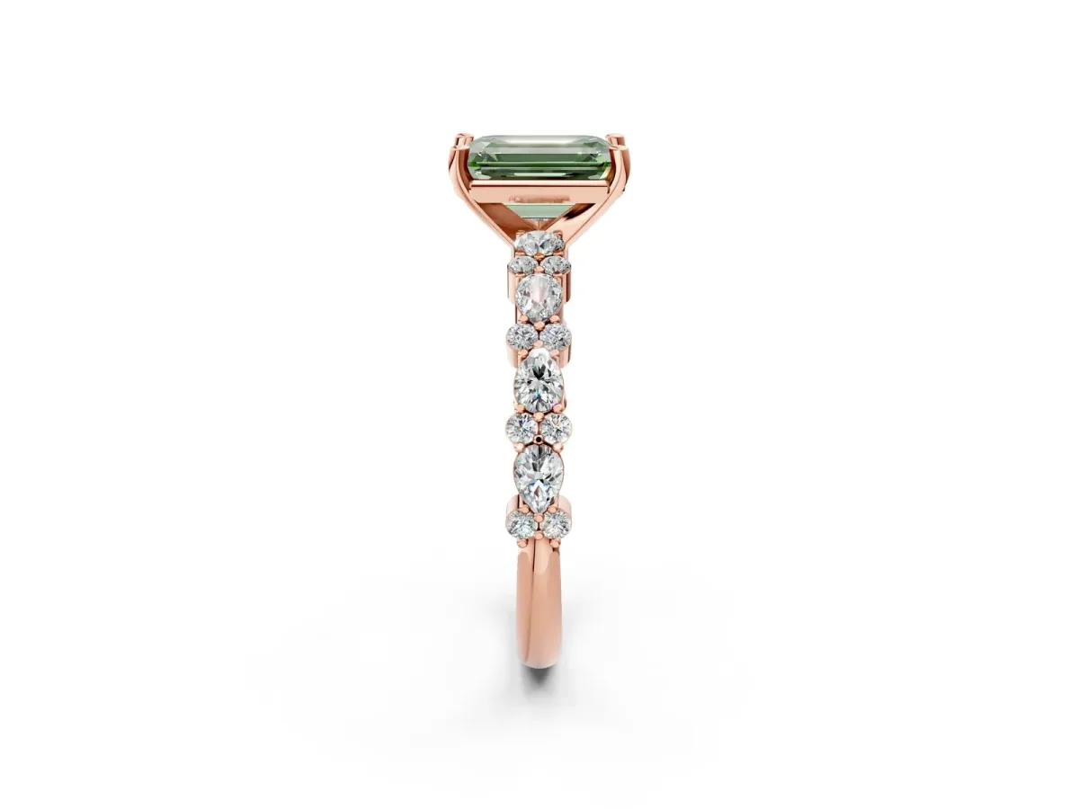 Fancy Green Emerald Cut Diamond Side Stone Solitaire Ring with Round and Four-Prong Setting Rose gold