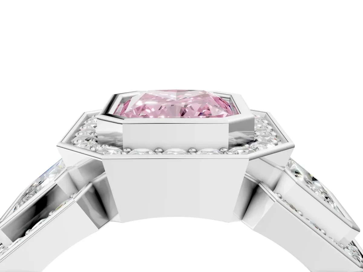 Fancy Pink Three-Stone Radiant Cut Halo Pavé Diamond Ring Platinum