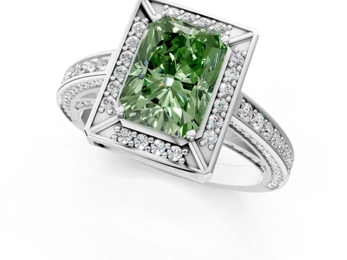 Fancy Green Radiant Cut Cut Halo Pave Split Shank Prong Setting Ring Platinum