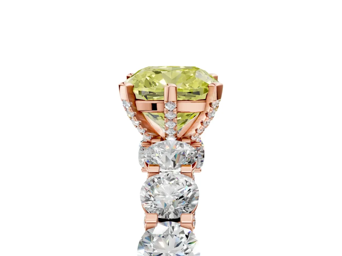 Fancy Yellow Cushion Cut Diamond Side Stone Engagement Ring with Four-Prong Setting Rose gold