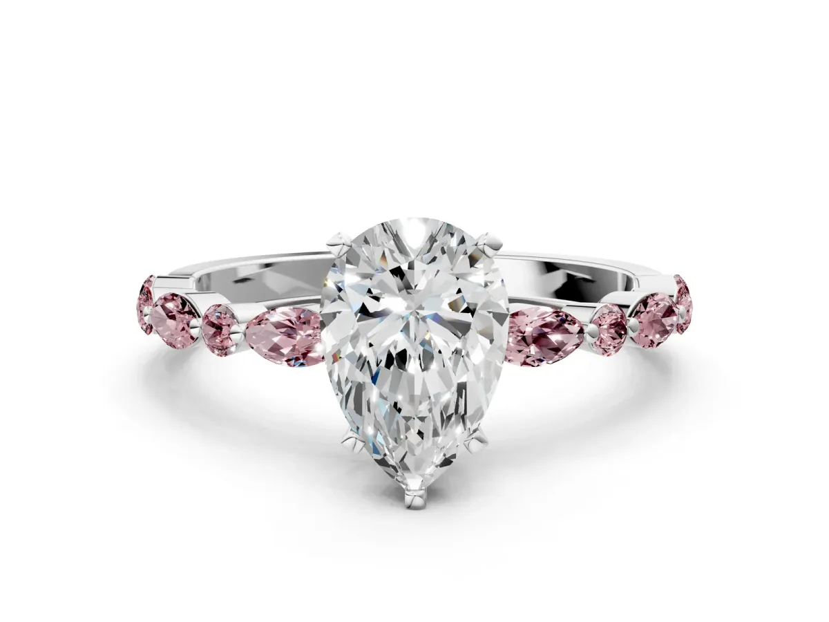 Pear Cut Diamond Ring with Marquise and Round Morganite Side Stones and Four-Prong Setting Silver