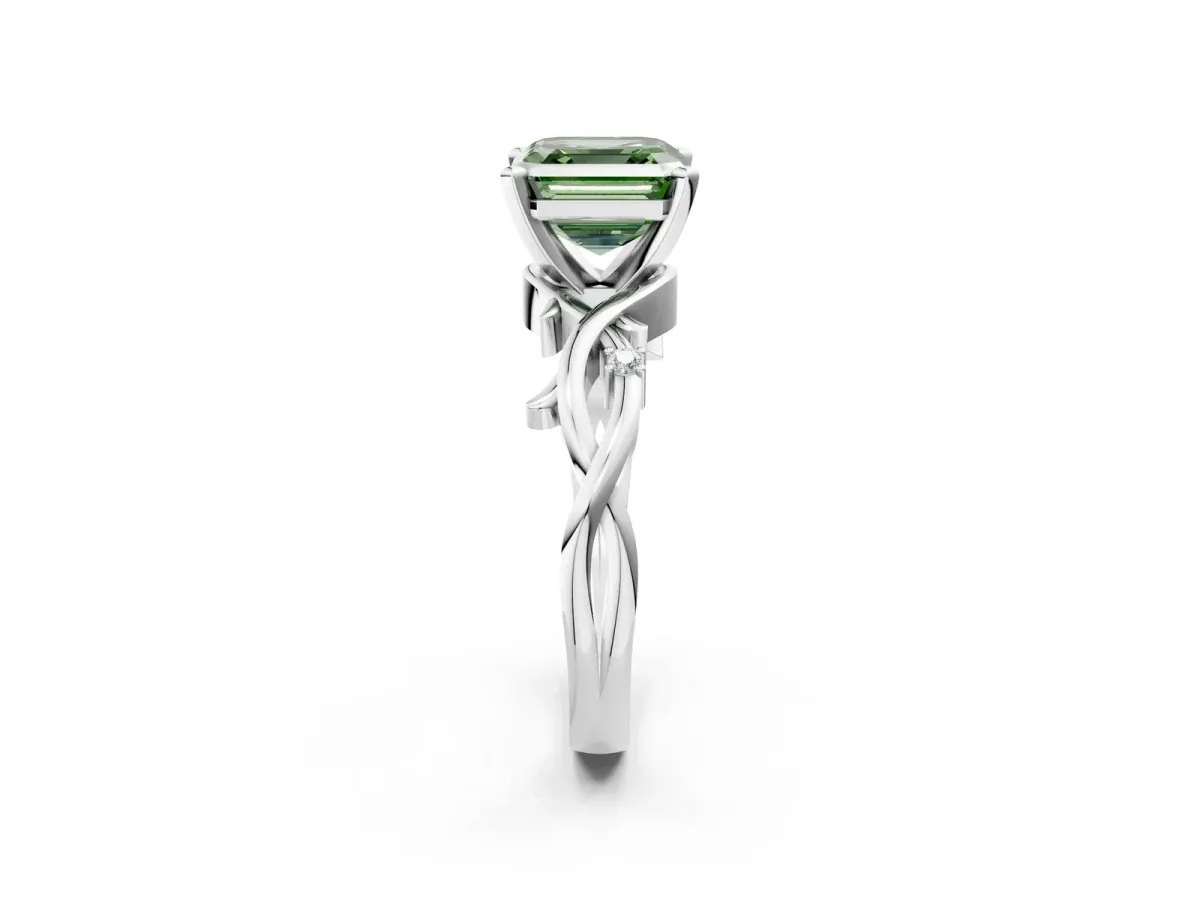 Fancy Green Asscher Cut Diamond Solitaire Ring with Twisted Band and Prong Setting Platinum
