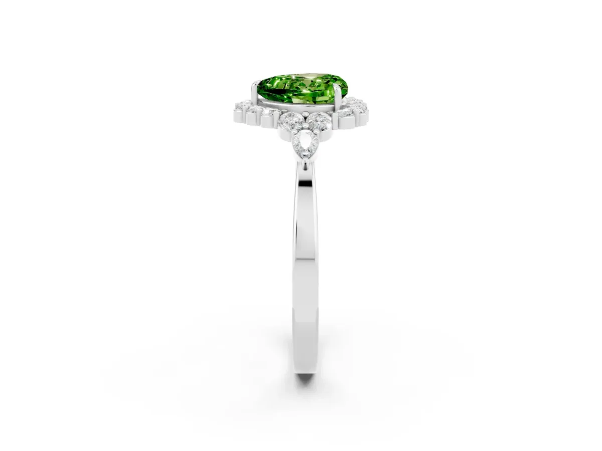 Heart Cut Peridot Halo Ring with Pear Side Stones and Prong Setting Silver