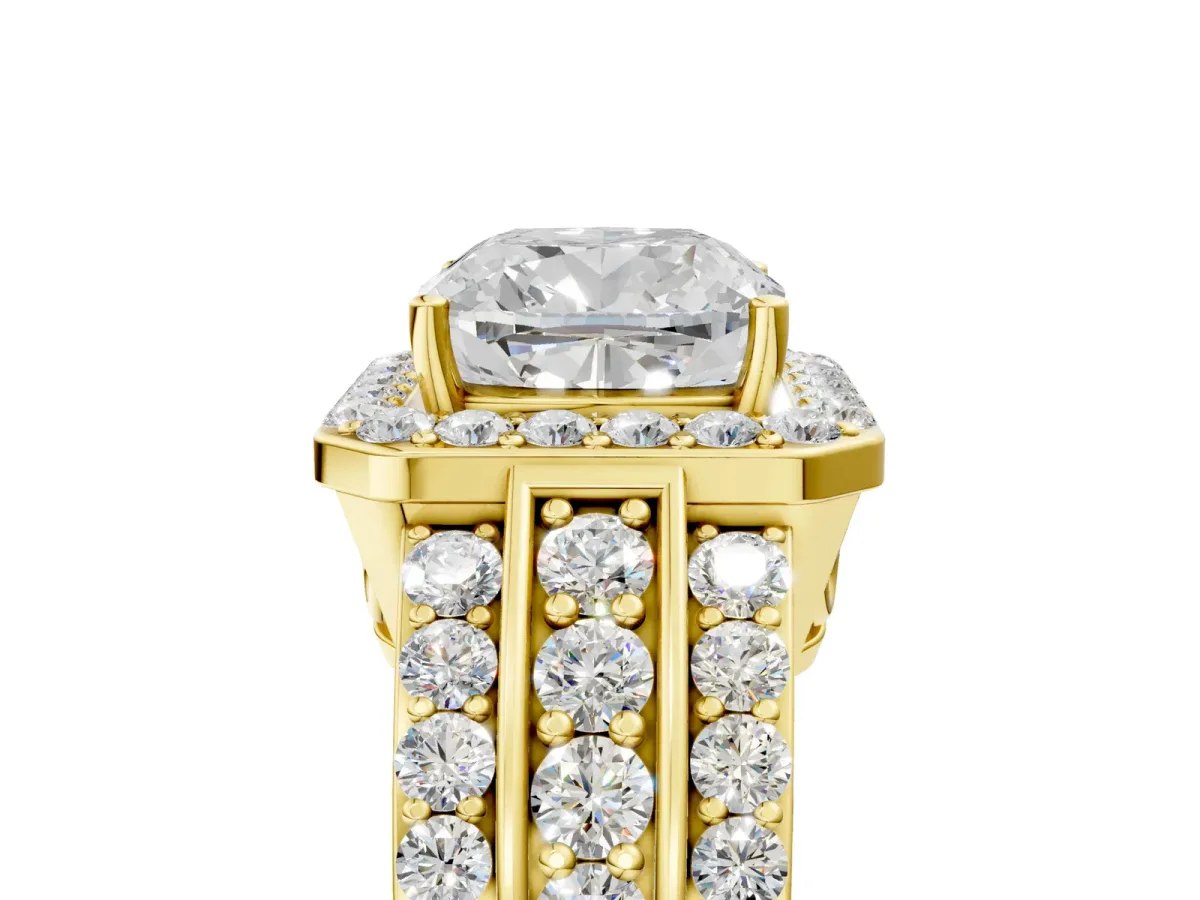 Cushion Cut Halo Diamond Ring with Round Split Shank and Prong Setting Yellow gold