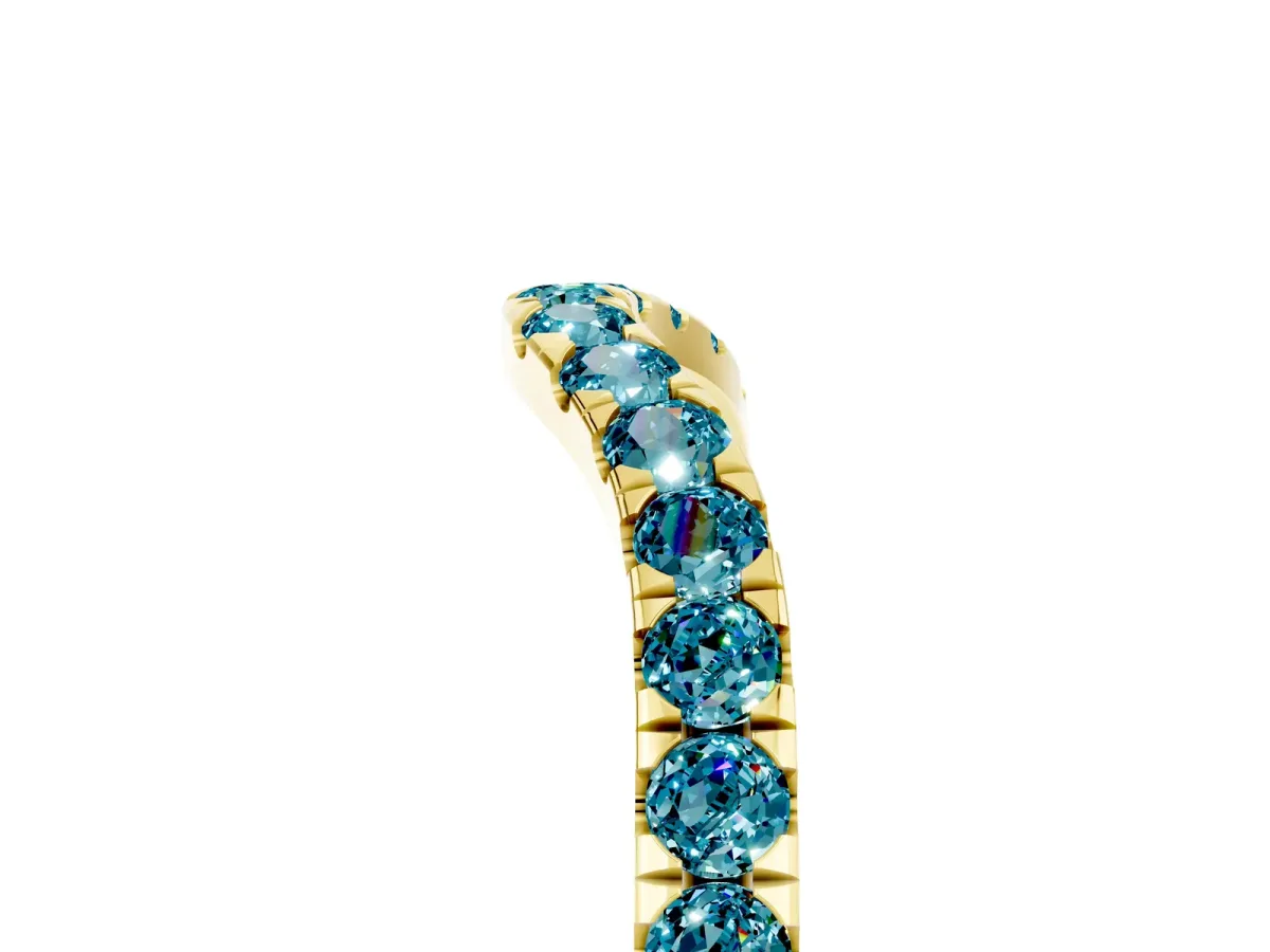 Curved Pavé Round Blue Topaz Wedding Band with Shared Prong Setting Yellow gold