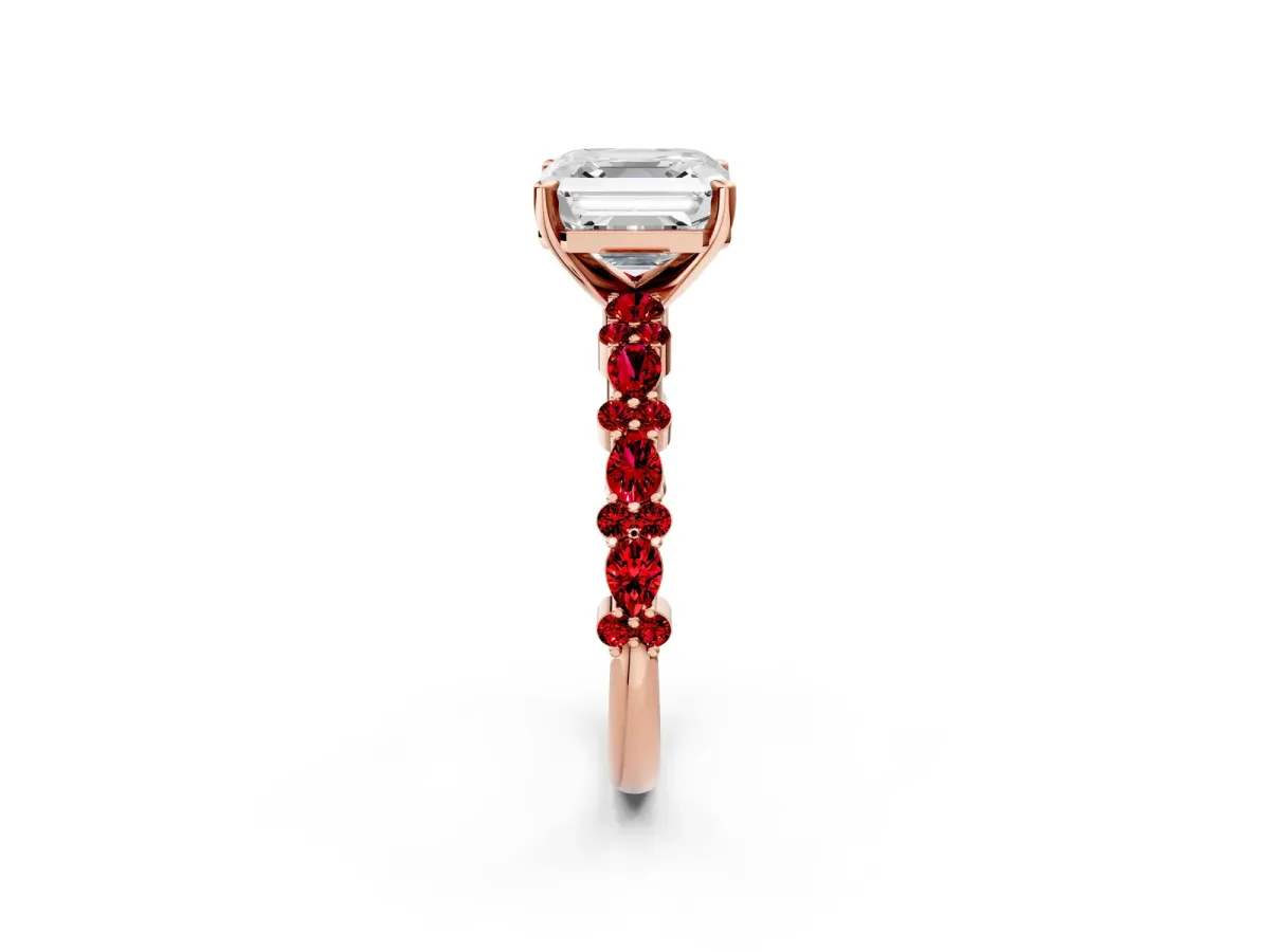 Asscher Cut Diamond Side Stone Solitaire Ring with Round Ruby and Four-Prong Setting Rose gold