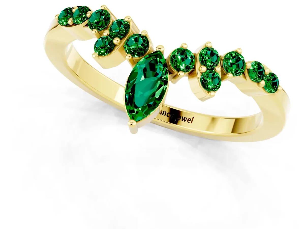 Marquise and Round Emerald Chevron Band with Prong Setting Yellow gold