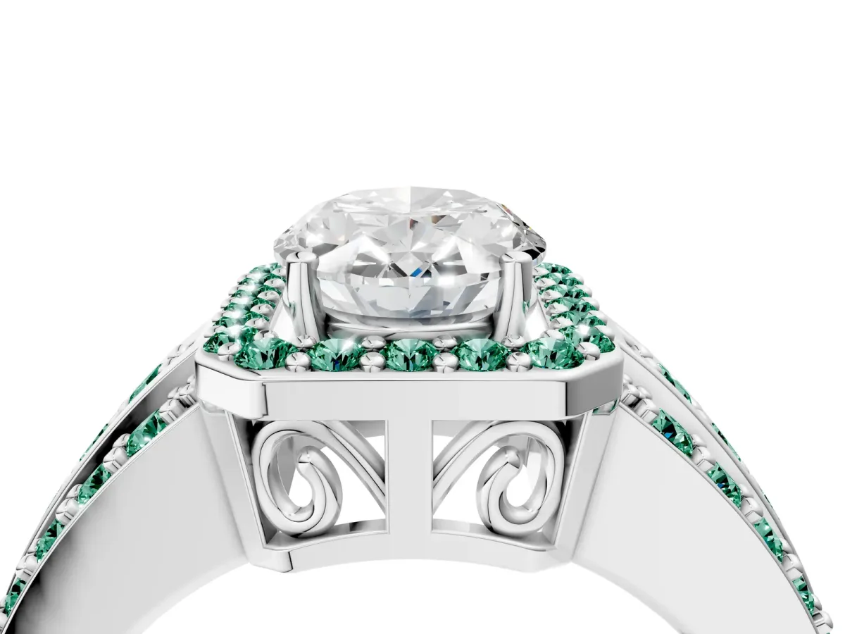 Oval Cut Halo Diamond Ring with Round Green Sapphire Split Shank and Prong Setting Silver