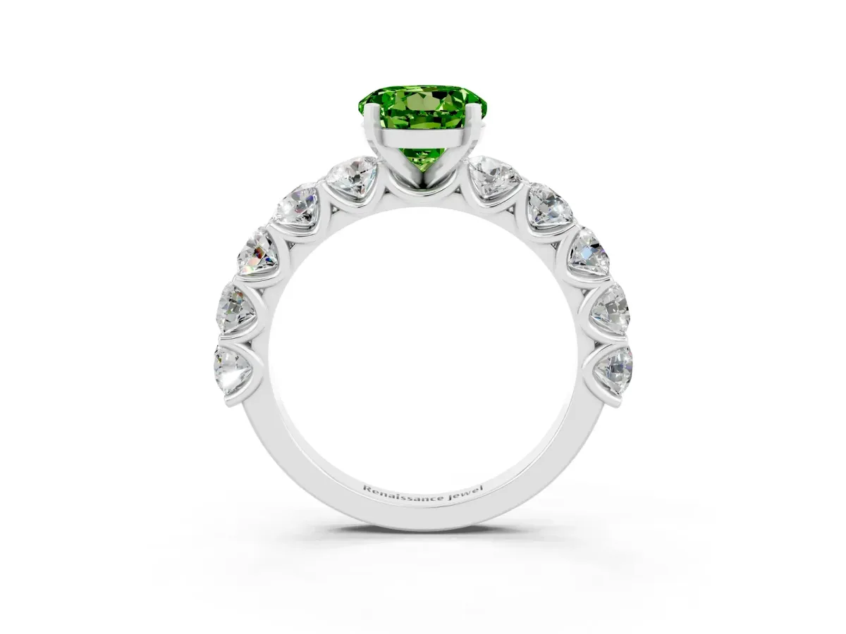 Round Cut Peridot Prong Setting with Side Stones on a Pave Band Platinum