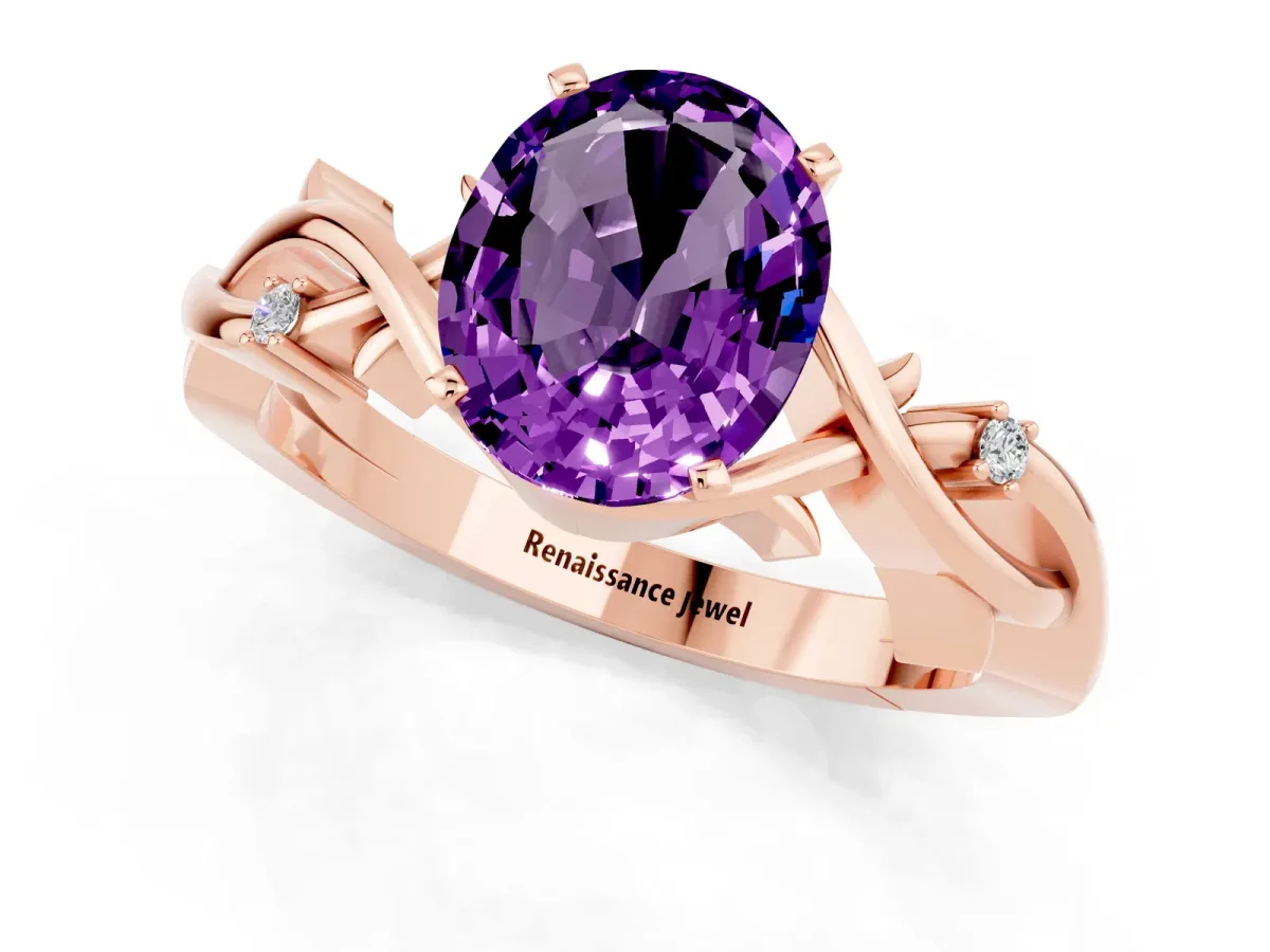 Oval Cut Amethyst Solitaire Ring with Twisted Band and Prong Setting Rose gold