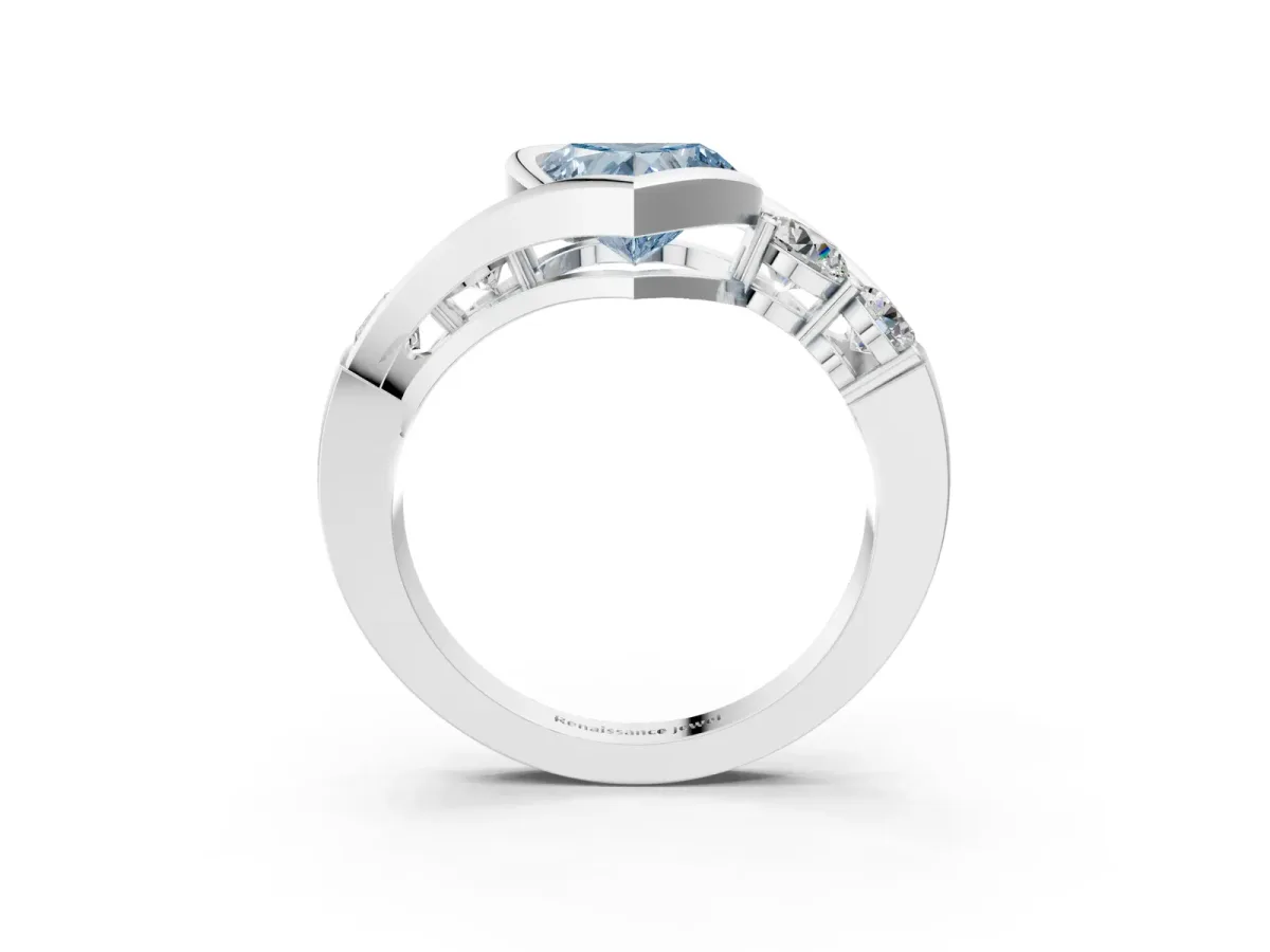 Fancy Blue Bezel Set Heart Cut Diamond Bypass Ring with Round Accents Platinum