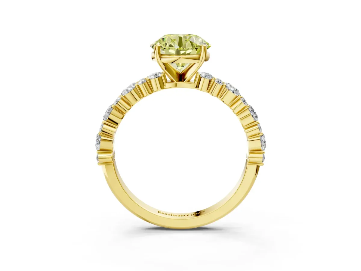 Fancy Yellow Round Cut Diamond Side Stone Solitaire Ring with Round and Four-Prong Setting Yellow gold