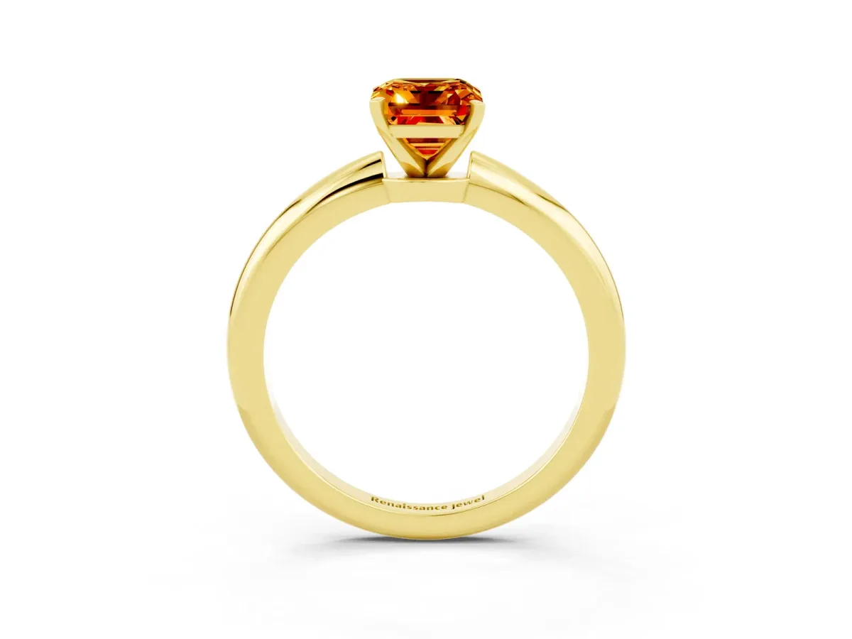 Emerald Cut Citrine Solitaire Ring with Six-Prong Setting and Classic Band Yellow gold
