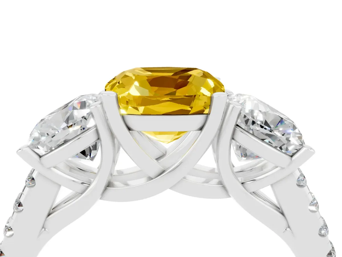 Three-Stone Cushion Cut Yellow Sapphire Ring with Round Pavé Band and Prong Setting Silver
