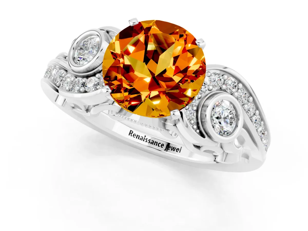 Round Cut Citrine Solitaire Ring with Milgrain Pavé Band and Four-Prong Setting Silver