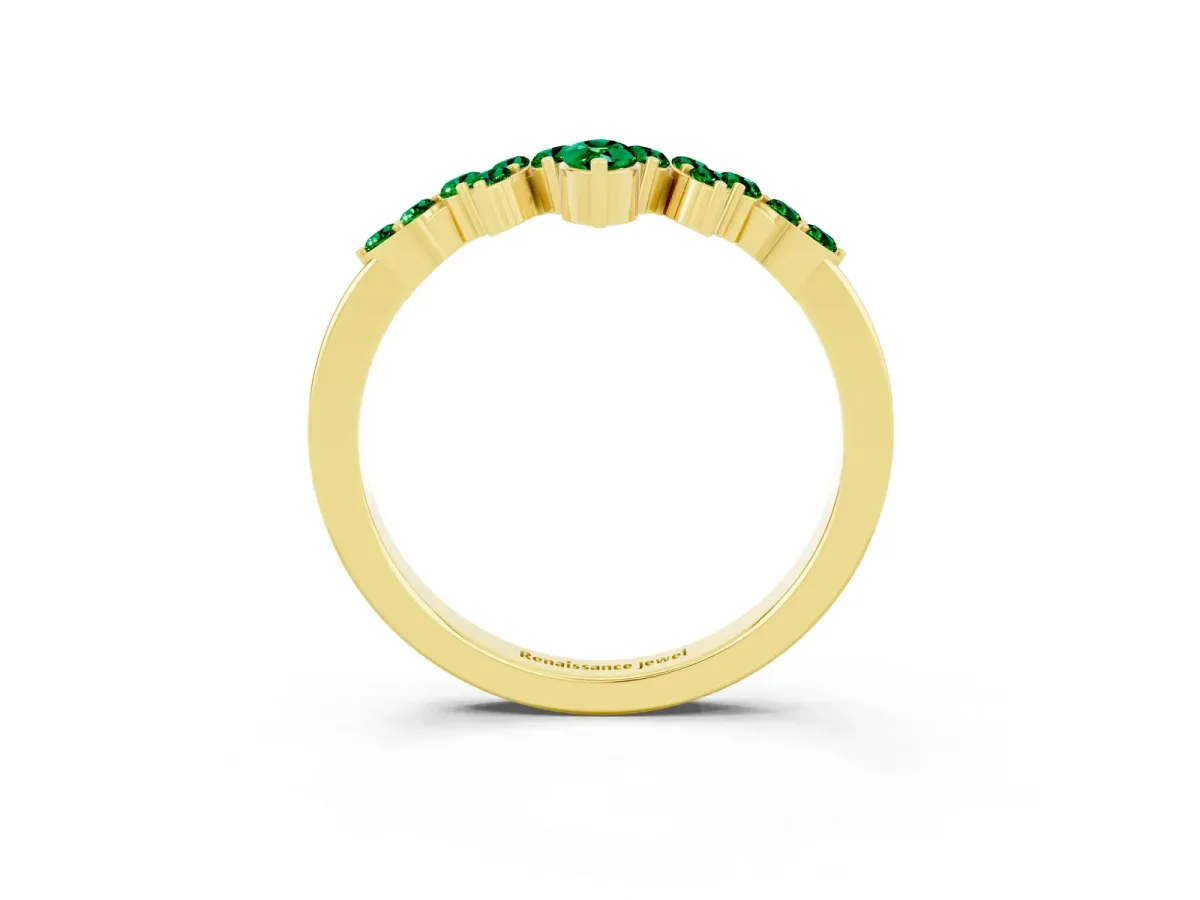 Marquise and Round Emerald Chevron Band with Prong Setting Yellow gold