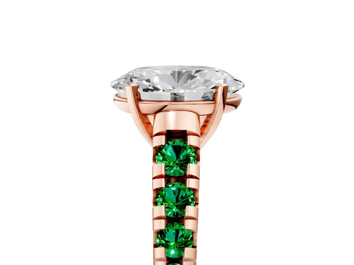 Oval Cut Diamond Cathedral Solitaire Ring with Round Emerald Pavé Band Rose gold