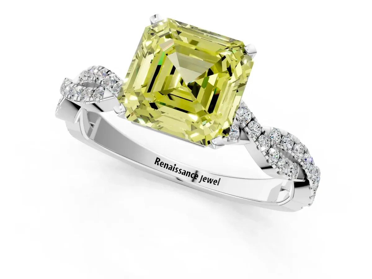 Fancy Yellow Asscher Cut Solitaire Twisted Pave Band with Four-Prong Setting Platinum
