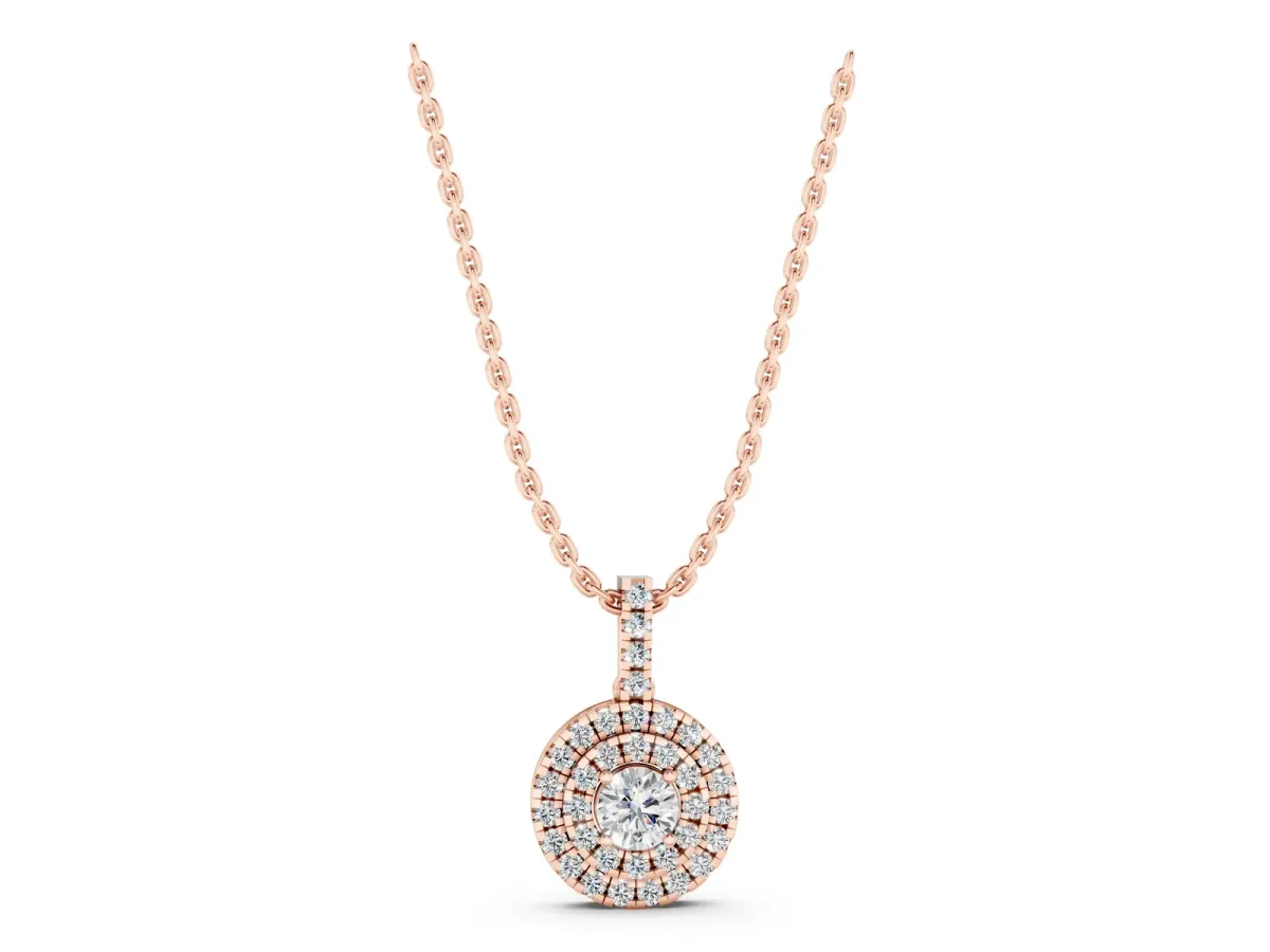 Round Double Halo Prong Set Diamond Pendant Rose gold