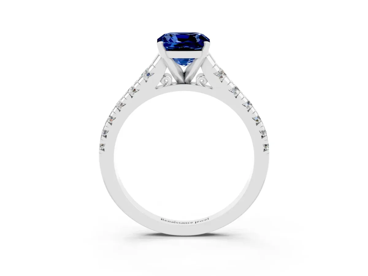 Cushion Cut Blue Sapphire Cathedral Solitaire Ring with Round Pavé Band Silver