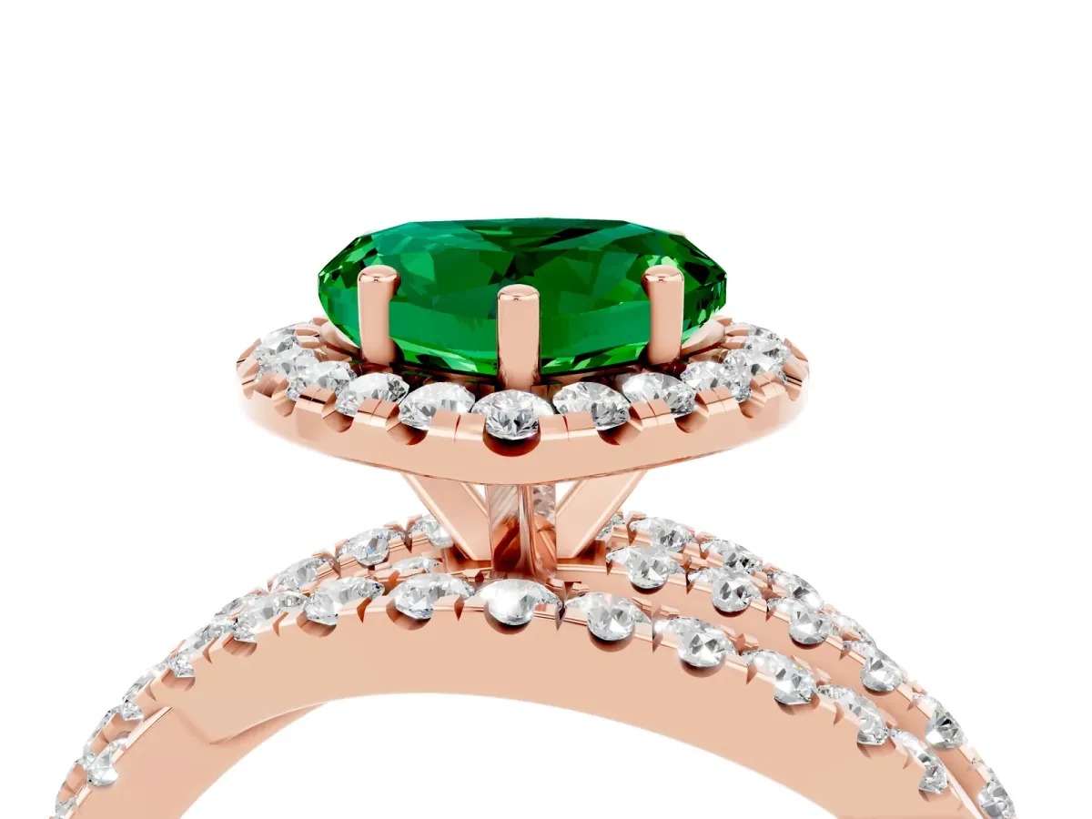 Heart Cut Emerald Halo Ring with Round Split Shank and Prong Setting Rose gold