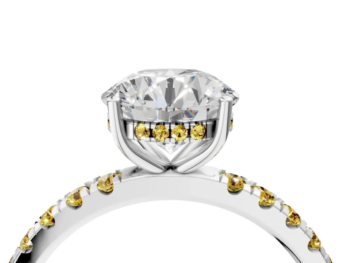 Round Cut Diamond Pave Band Solitaire Ring with Round Yellow Sapphire and Prong Setting Silver