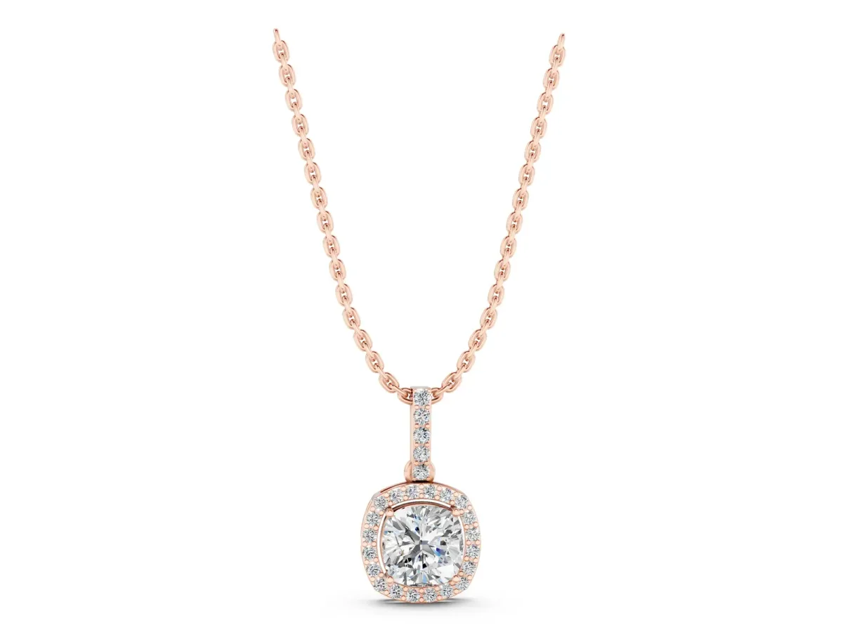 Cushion Halo Diamond Pendant with Prong Setting Rose gold