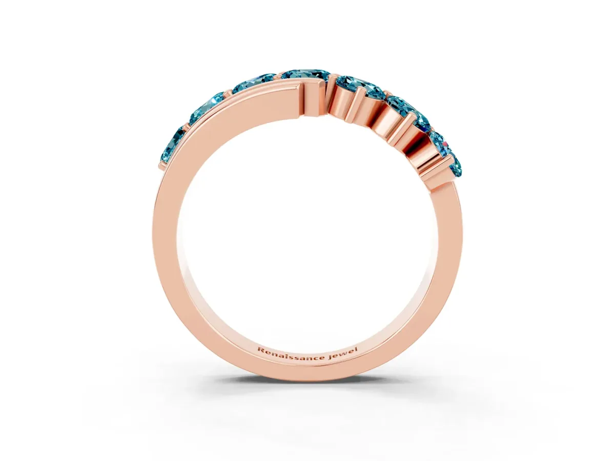 Round Blue Topaz Wave Band with Channel and Shared Prong Setting Rose gold