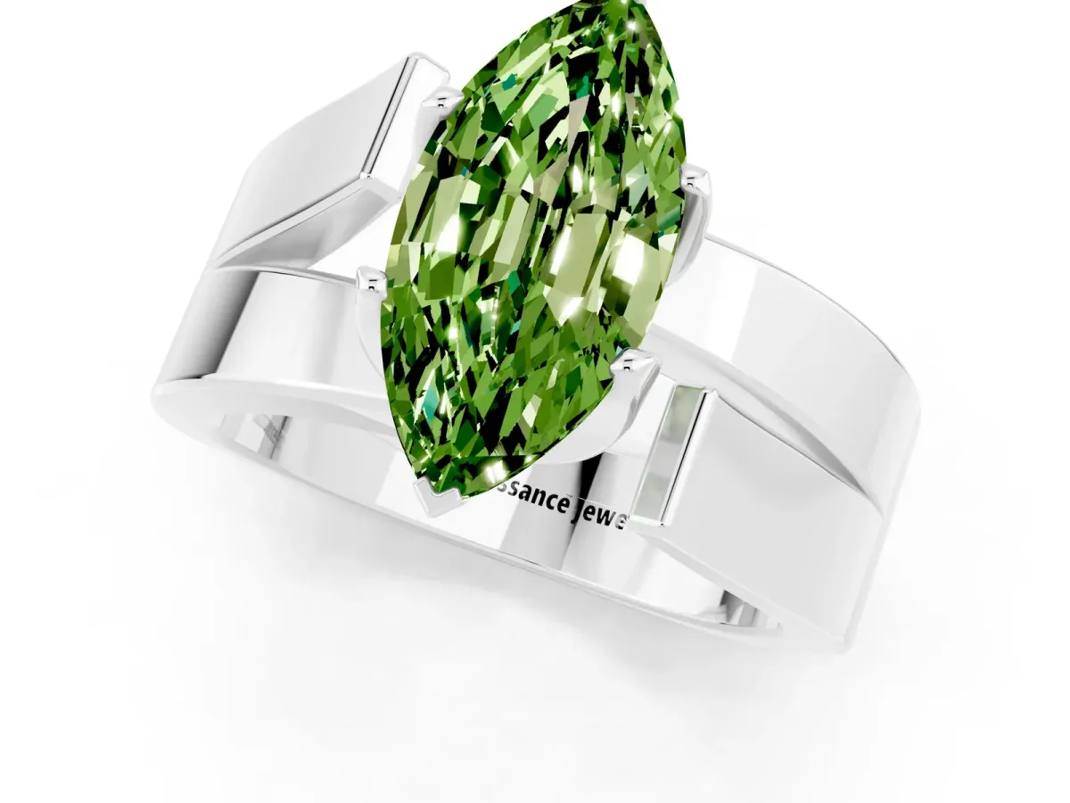 Modern Tension Set Marquise Cut Peridot Solitaire Wide Band Ring Silver