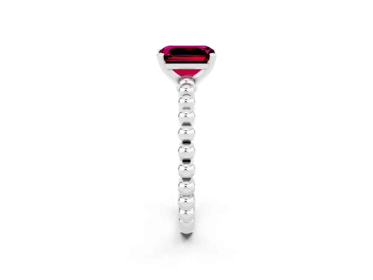 Emerald Cut Garnet Solitaire Ring with Beaded Band and Prong Setting White gold