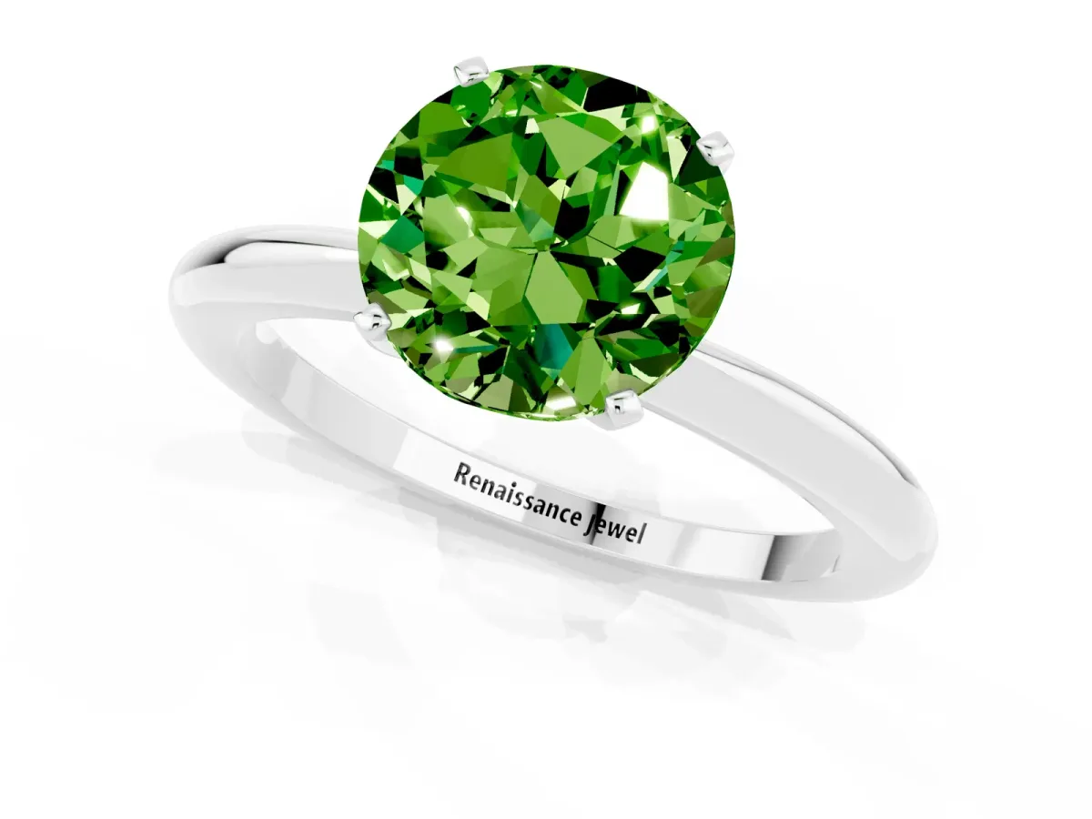 Round Cut Peridot Solitaire Ring with Six-Prong Setting and Classic Band Silver