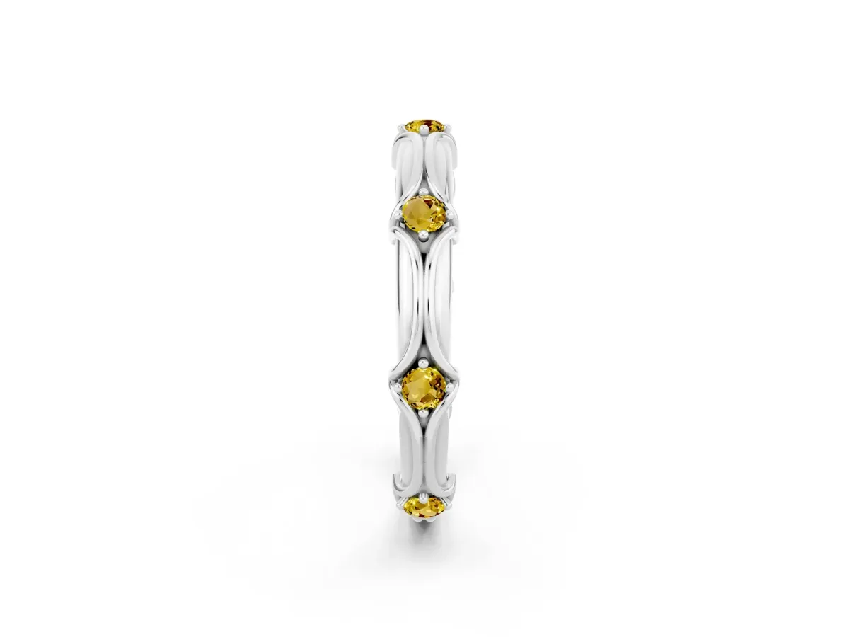 Round Yellow Sapphire Prong Set Milgrain Eternity Band Silver