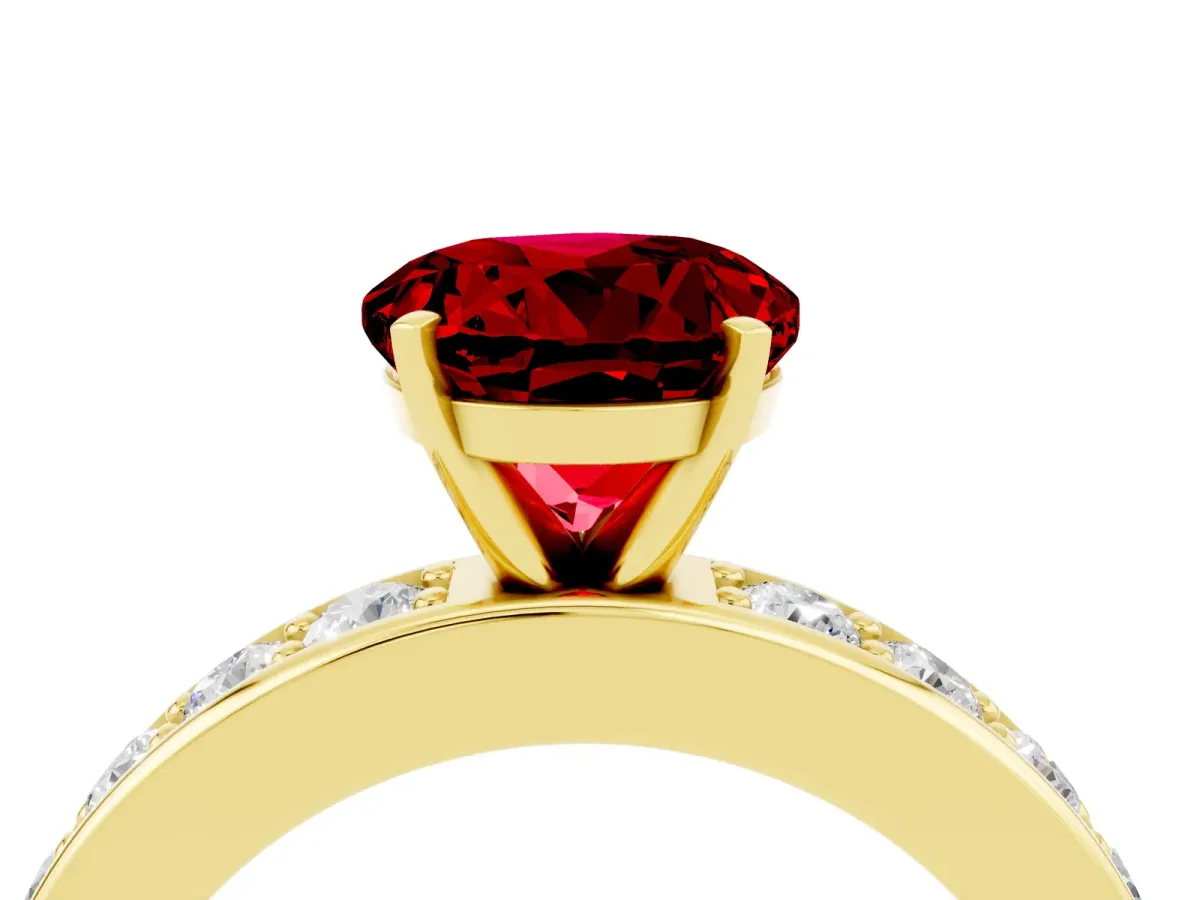 Round Cut Ruby Engagement Ring with Channel Set Round Band and Prong Setting Yellow gold
