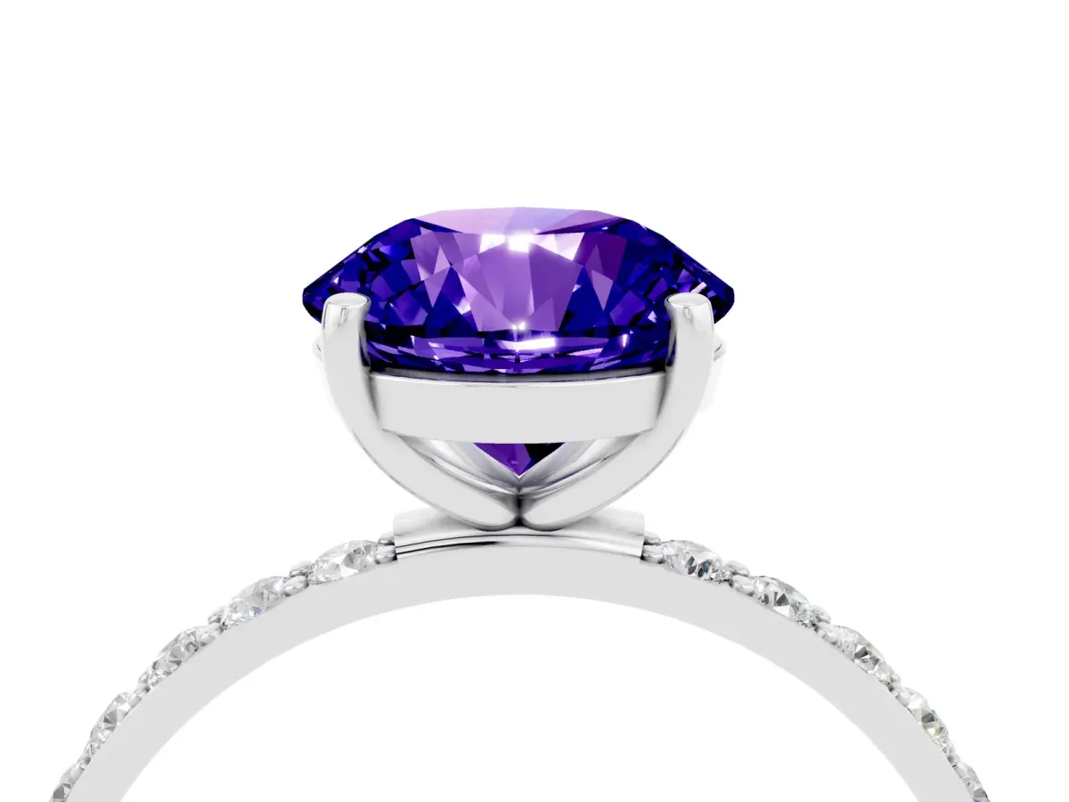 Round Cut Tanzanite Solitaire Ring with Round Pavé Band and Prong Setting Platinum