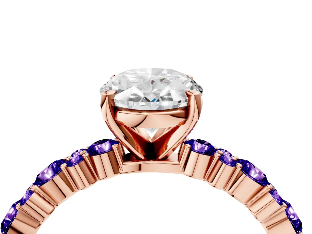 Oval Cut Diamond Side Stone Solitaire Ring with Round Tanzanite and Four-Prong Setting Rose gold